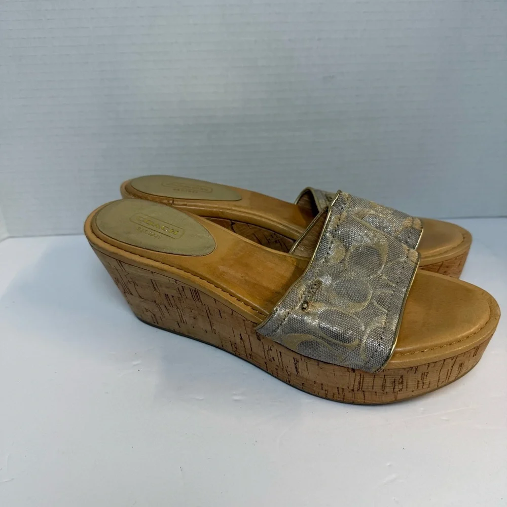 Coach Signature Gold Metallic‎ Cork Wedge Slides – Women’s size 9.5B